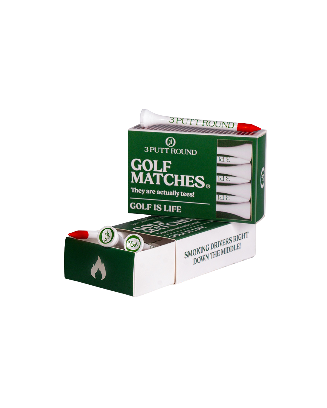 Two green golf tees from Three Putt Round's matchbox, neatly arranged on a white background.