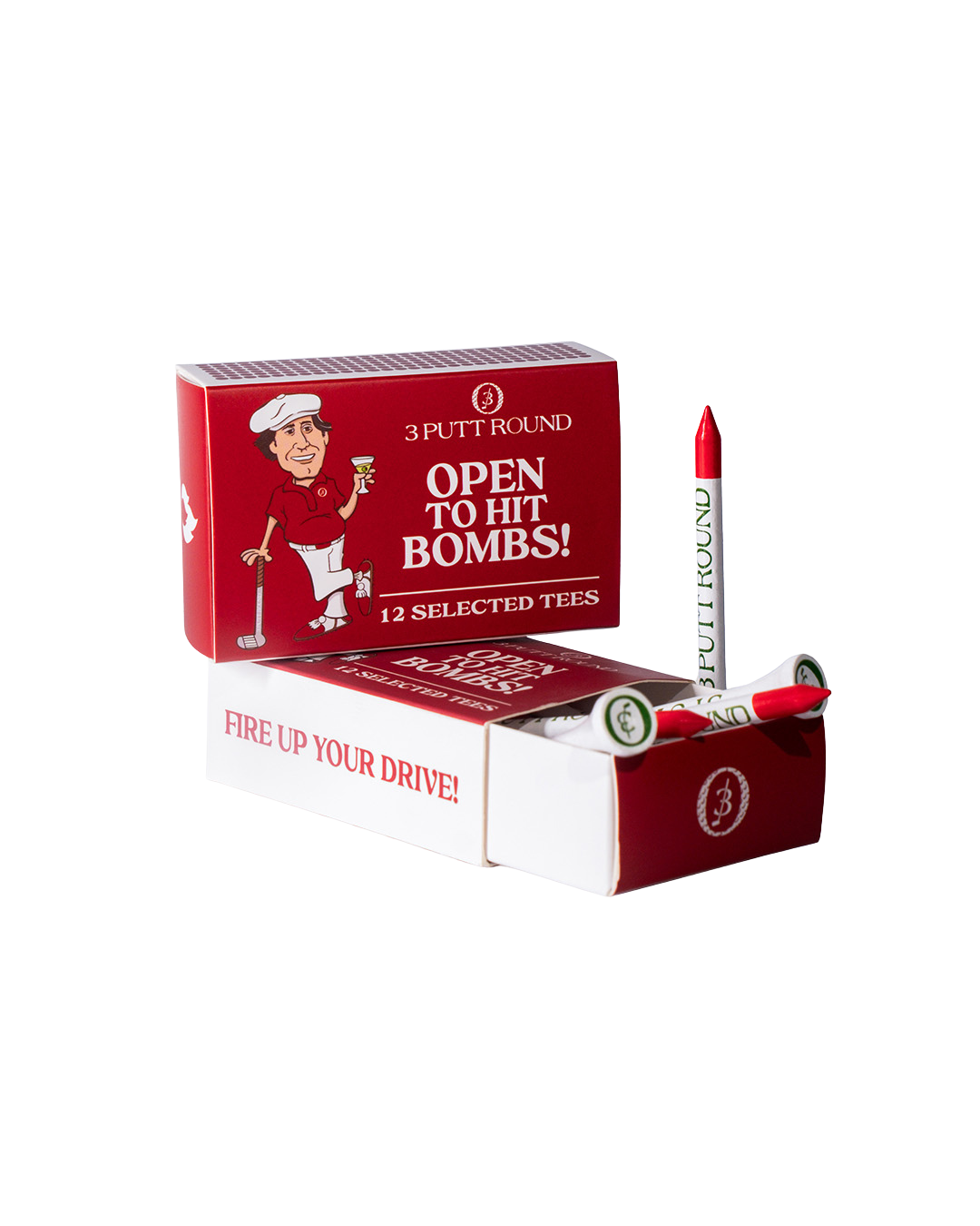 Box of Three Putt Round Red Golf Tees with a matchbox-style design, neatly arranged on a white background.