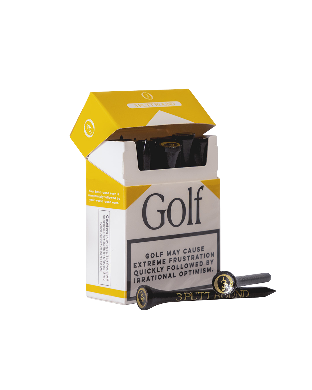 Set of eight golf tees from Three Putt Round's Gold "Golf Addiction" Tee Pack, featuring gold-colored tees for golf enthusiasts.
