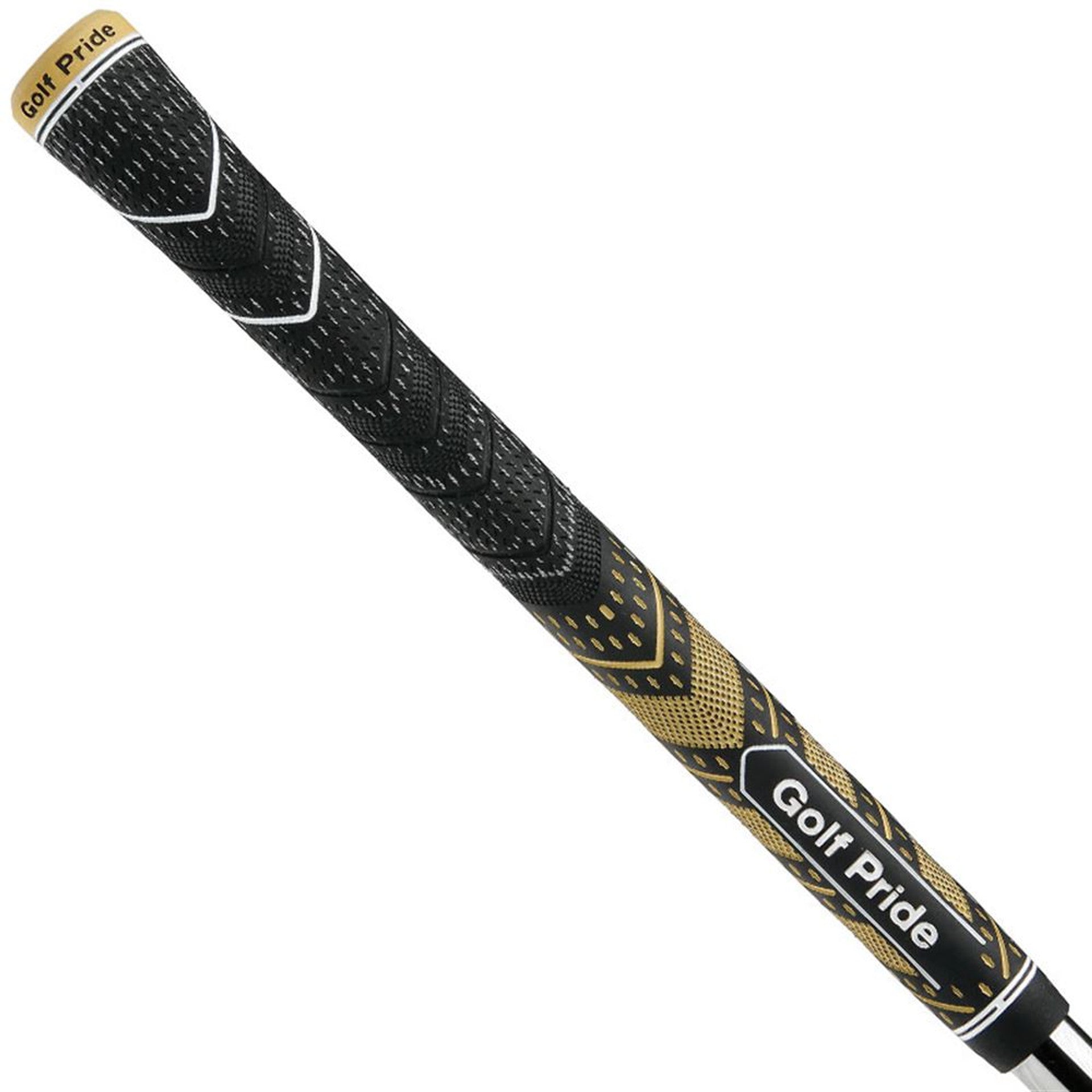 Golf Pride MCC Plus 4 Teams golf grips in black and gold, showcasing textured rubber grips for enhanced golf club control.