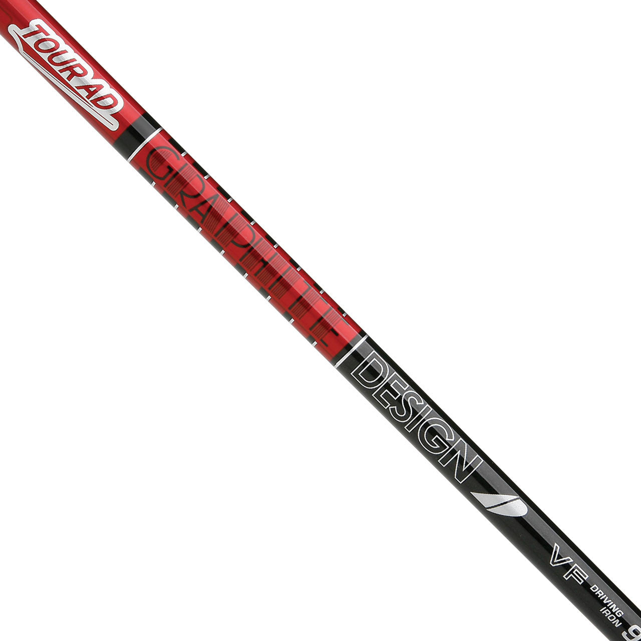 Graphite Design Tour AD VF graphite shaft for utility and driving iron, showing a sleek black golf club shaft.