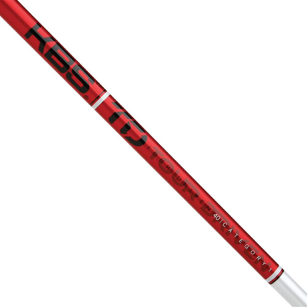 Red and white golf club shaft with branding on a white background