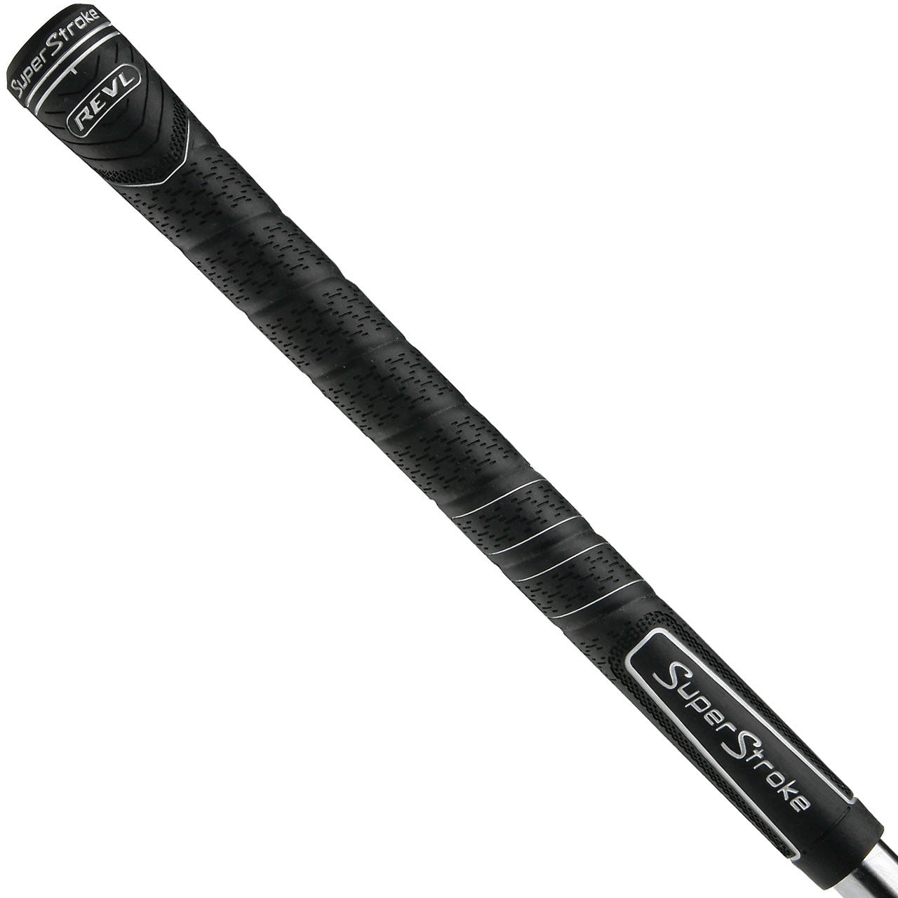 Black Super Stroke REVL Comfort golf grips with textured surface and ergonomic design for improved grip and comfort.