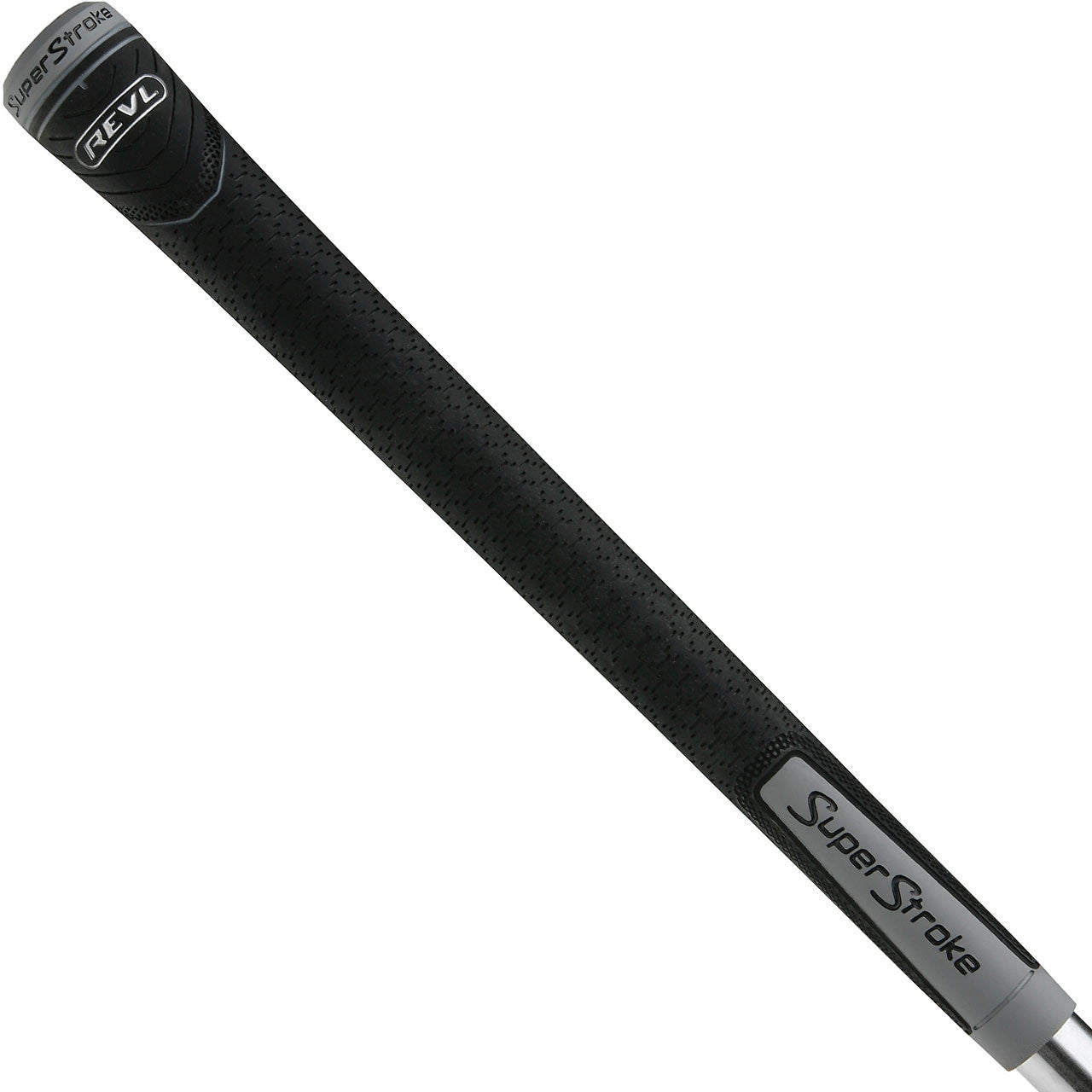 Super Stroke REVL Player golf grips in grey and black, showing textured rubber surface and ergonomic design for improved grip.