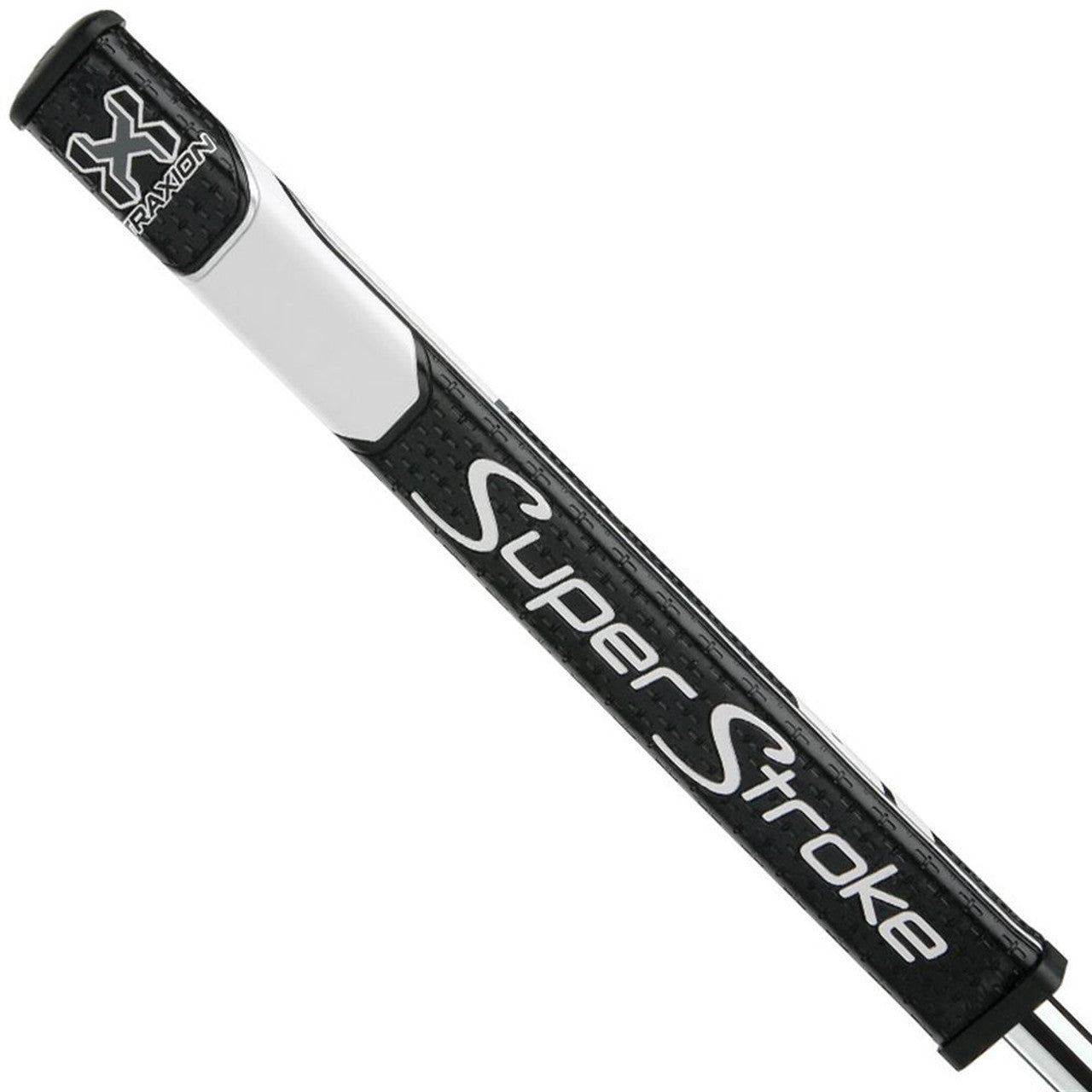 Black and white Super Stroke Traxion Flatso putter grip with textured surface for enhanced grip and control.