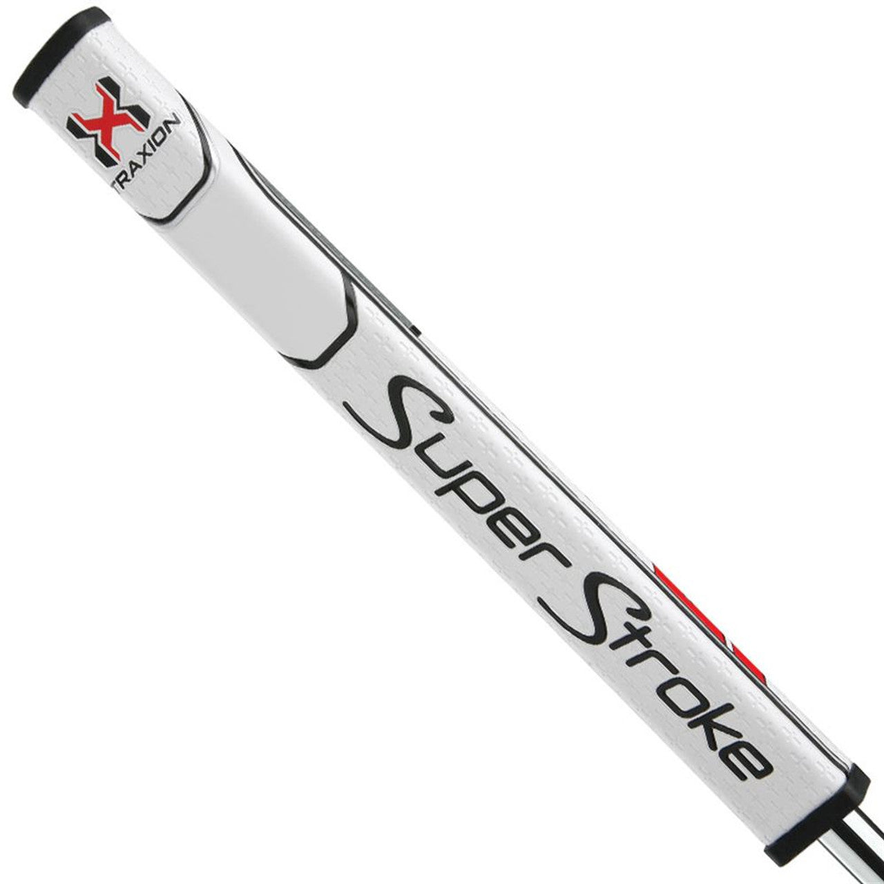 Super Stroke Traxion Flatso Putter Grip in white, red, and grey, designed for improved grip and control on golf putters.