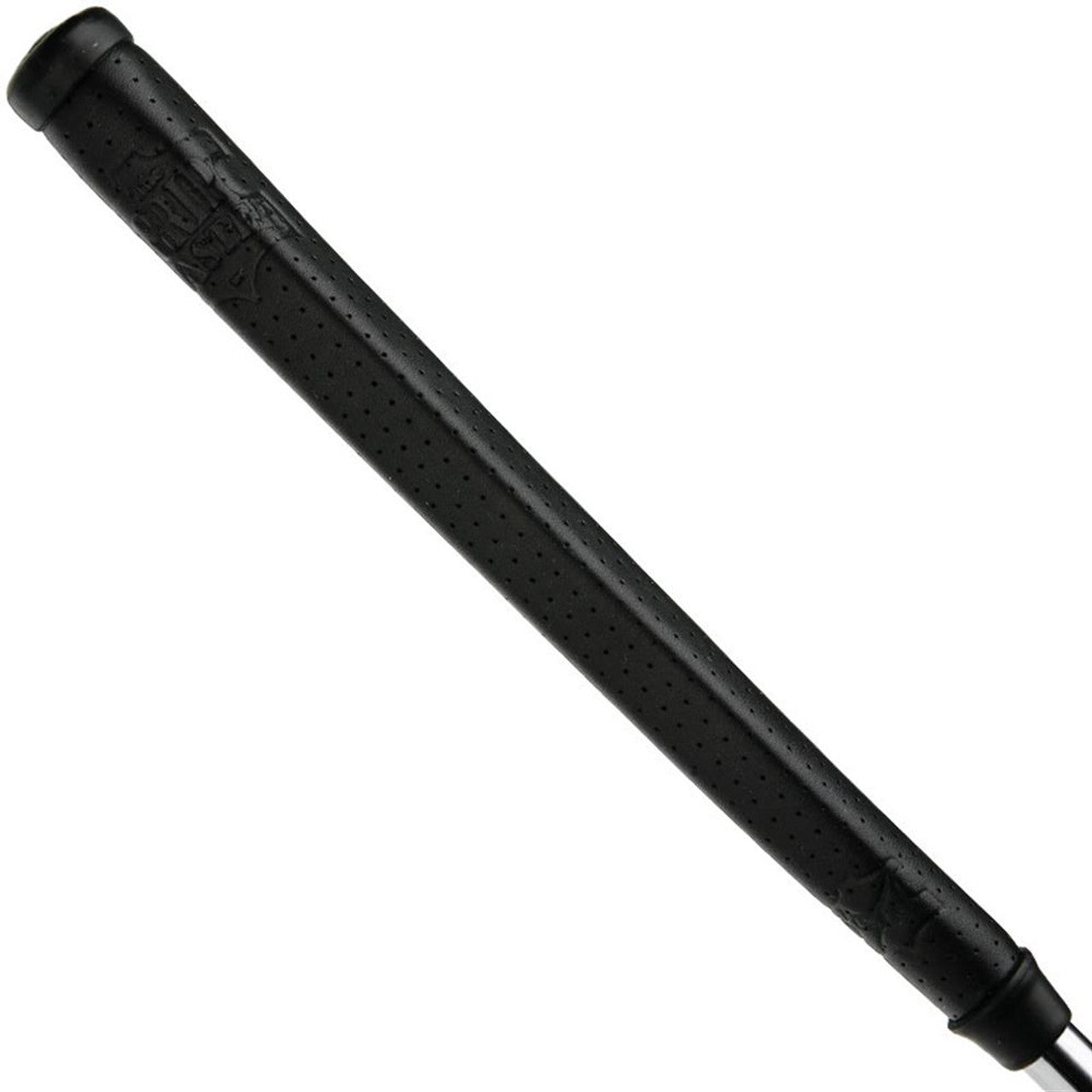 Leather golf putter grip by The Grip Master, featuring the Roo design, shows close-up of textured black leather surface.