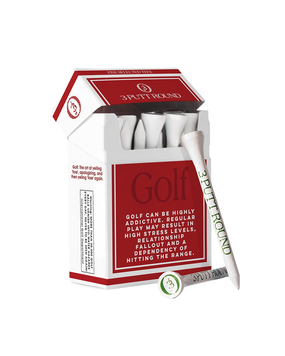 Set of red golf tees from Three Putt Round's Golf Addiction Tee Pack, showing multiple tees with branding and vibrant red color.