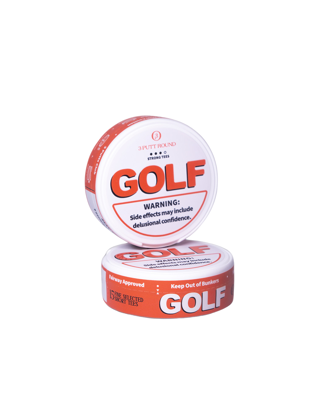 Three Putt Round Orange Upper Decky Tee Pack, colorful golf-themed tees arranged in a pack for golf enthusiasts.