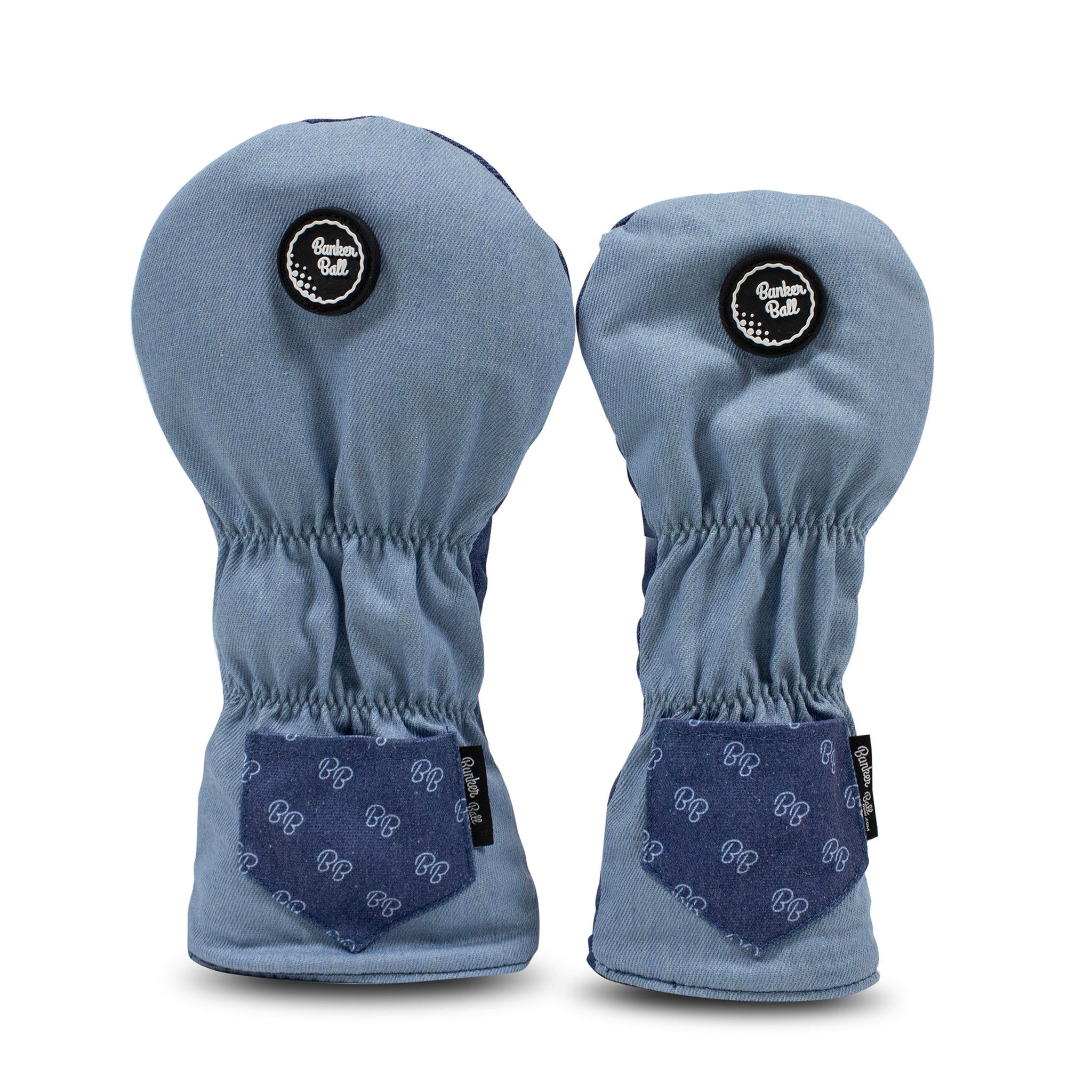 Two-tone denim golf headcover by Bunker Ball Golf, stylish protective cover for golf clubs with a modern denim design.
