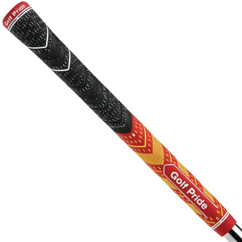 Golf Pride MCC Plus 4 Team golf grip in yellow and red with textured surface, designed for enhanced grip and comfort.
