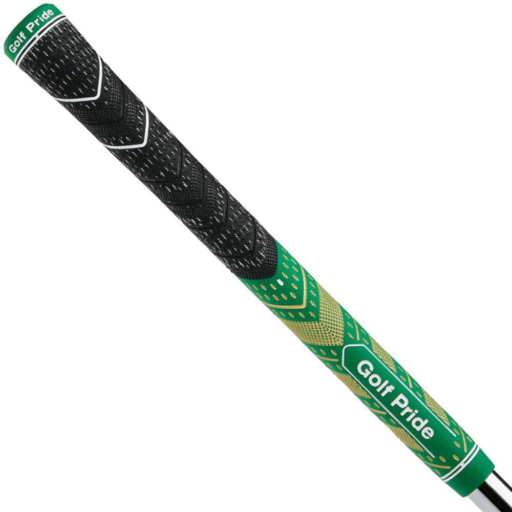 Golf Pride MCC Plus 4 Teams golf grips in green and gold, showcasing textured rubber grips designed for enhanced control and comfort.