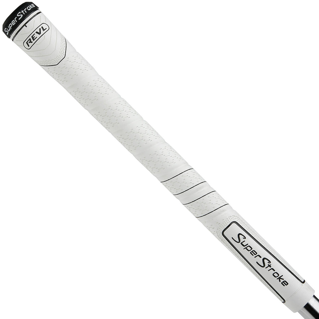 Super Stroke REVL Comfort golf grips in white, featuring cushioned, ergonomic design for enhanced grip and comfort during play.