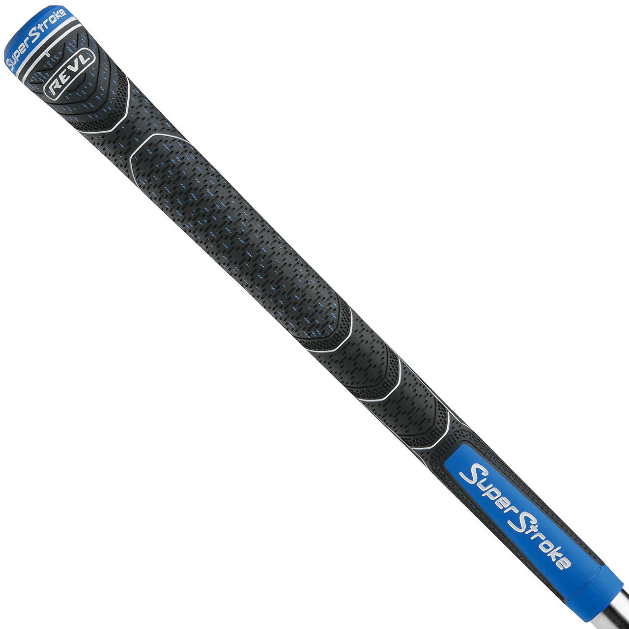 Blue and black Super Stroke REVL Element Half Cord golf grips, showing textured surface and ergonomic design for better grip.