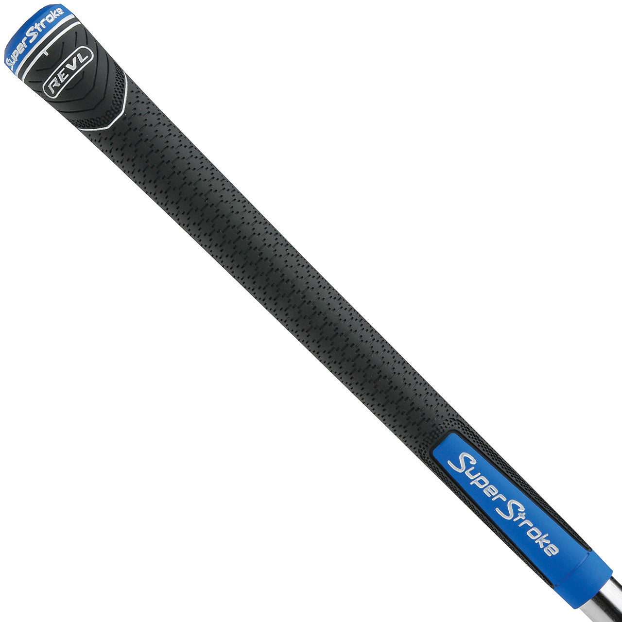 Super Stroke REVL Player golf grips in grey and blue, showing textured rubber material for improved grip and comfort.