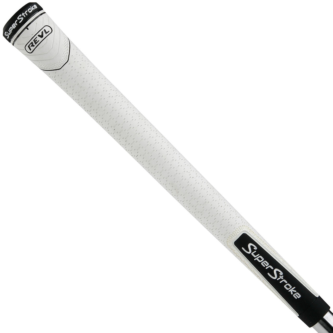 White Super Stroke REVL Player golf grip shown on a club, designed for improved grip and control during play.