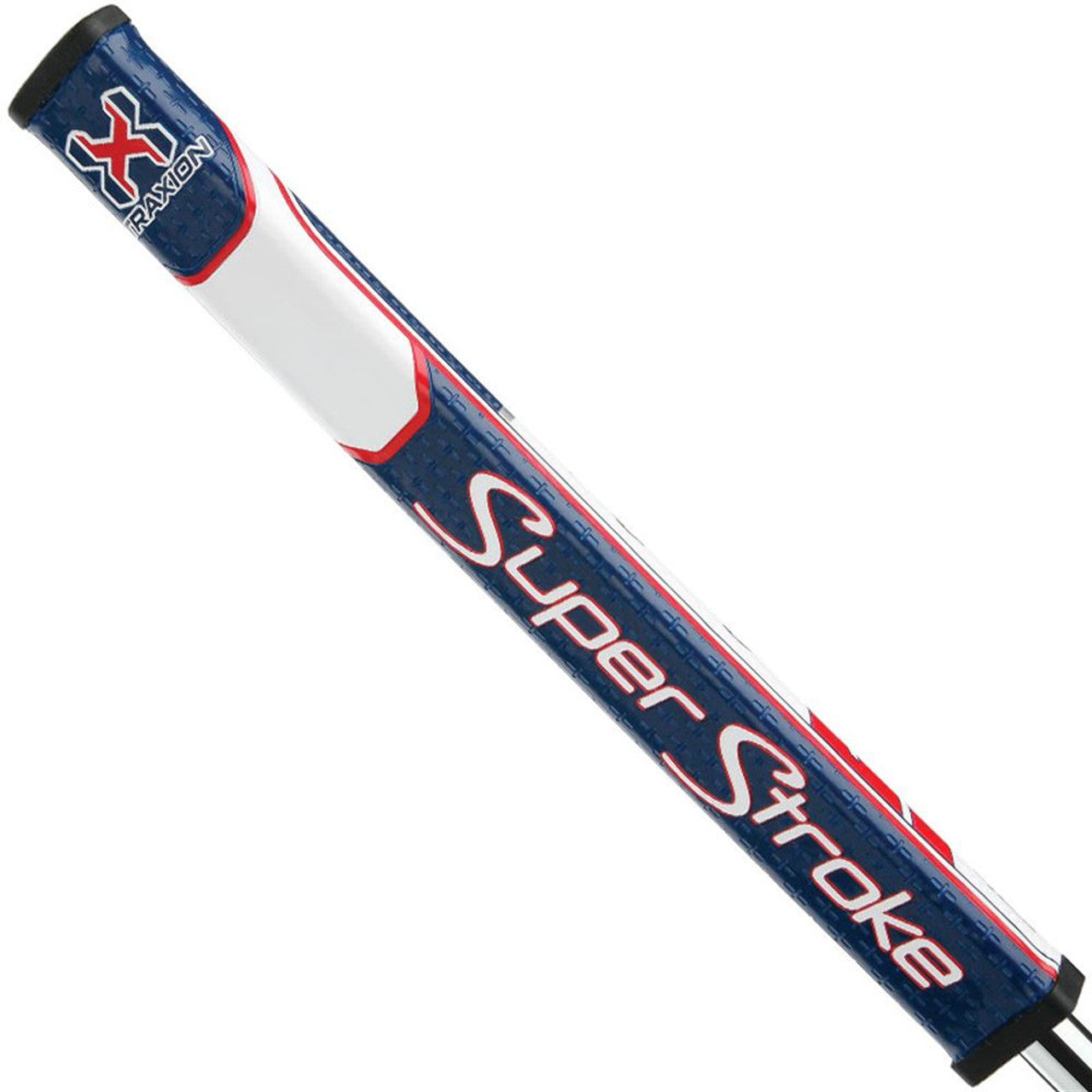 Red, white, and blue Super Stroke Traxion Flatso putter grip showing textured surface and branding for improved grip and control.