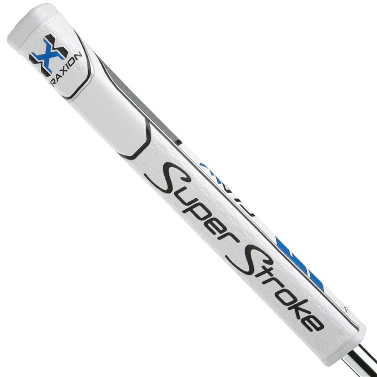 Blue Super Stroke Traxion Claw putter grip with textured surface, designed for improved grip and control on golf club putters.