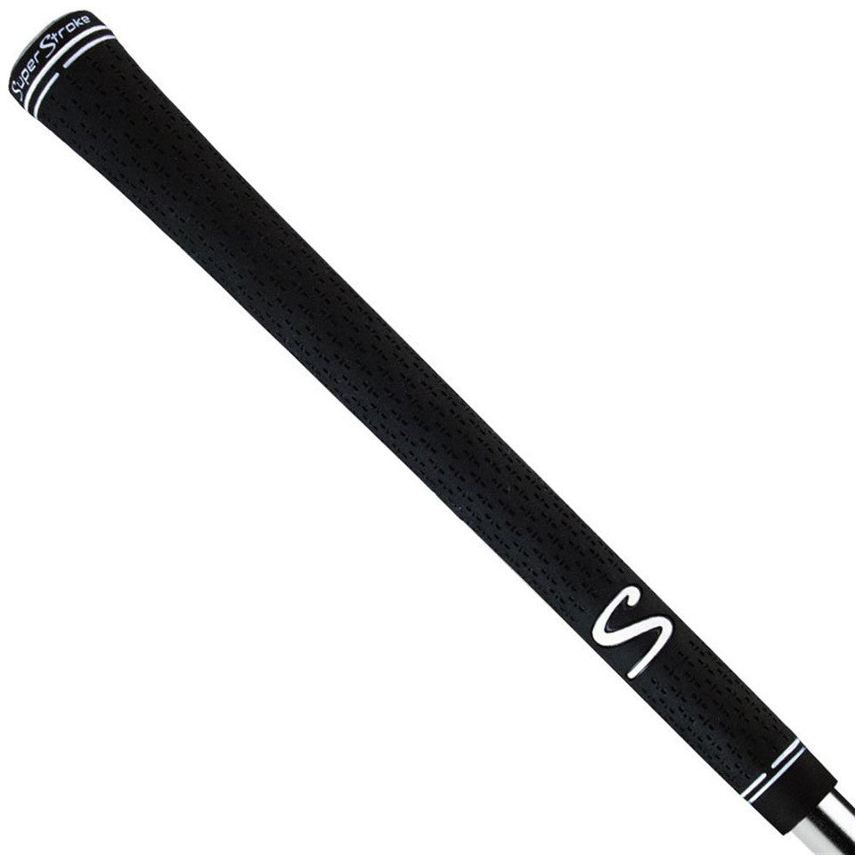 Black and white Super Stroke S-Tech golf grip by Super Stroke, showing textured surface and ergonomic design.
